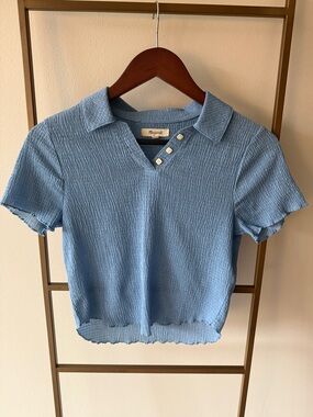 Madewell Light Blue Textured Collared Top with Button Detail